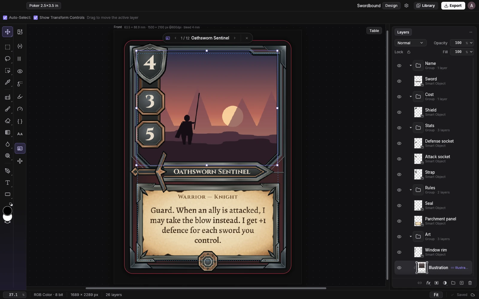 The Dekkr editor with a card from the Swordbound deck